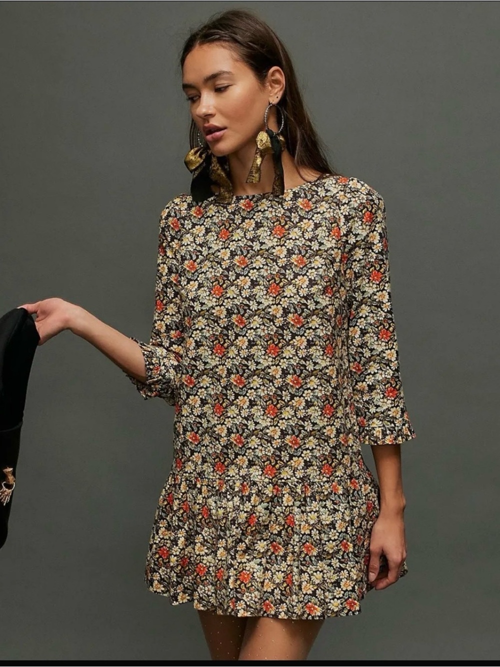 Free People Black Floral Mini Dress with Orange and Cream Accents